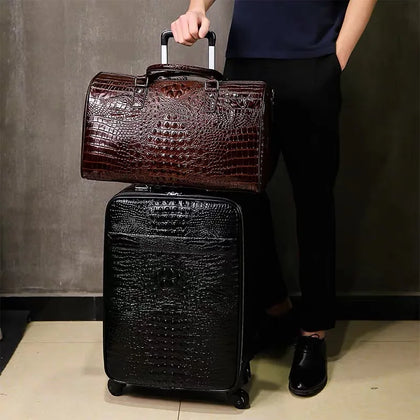 Leather Crocodile Pattern Travel Luggage with Handbag Men Head Cowhide Universal Wheel Suitcase 20 Inch Boarding Case